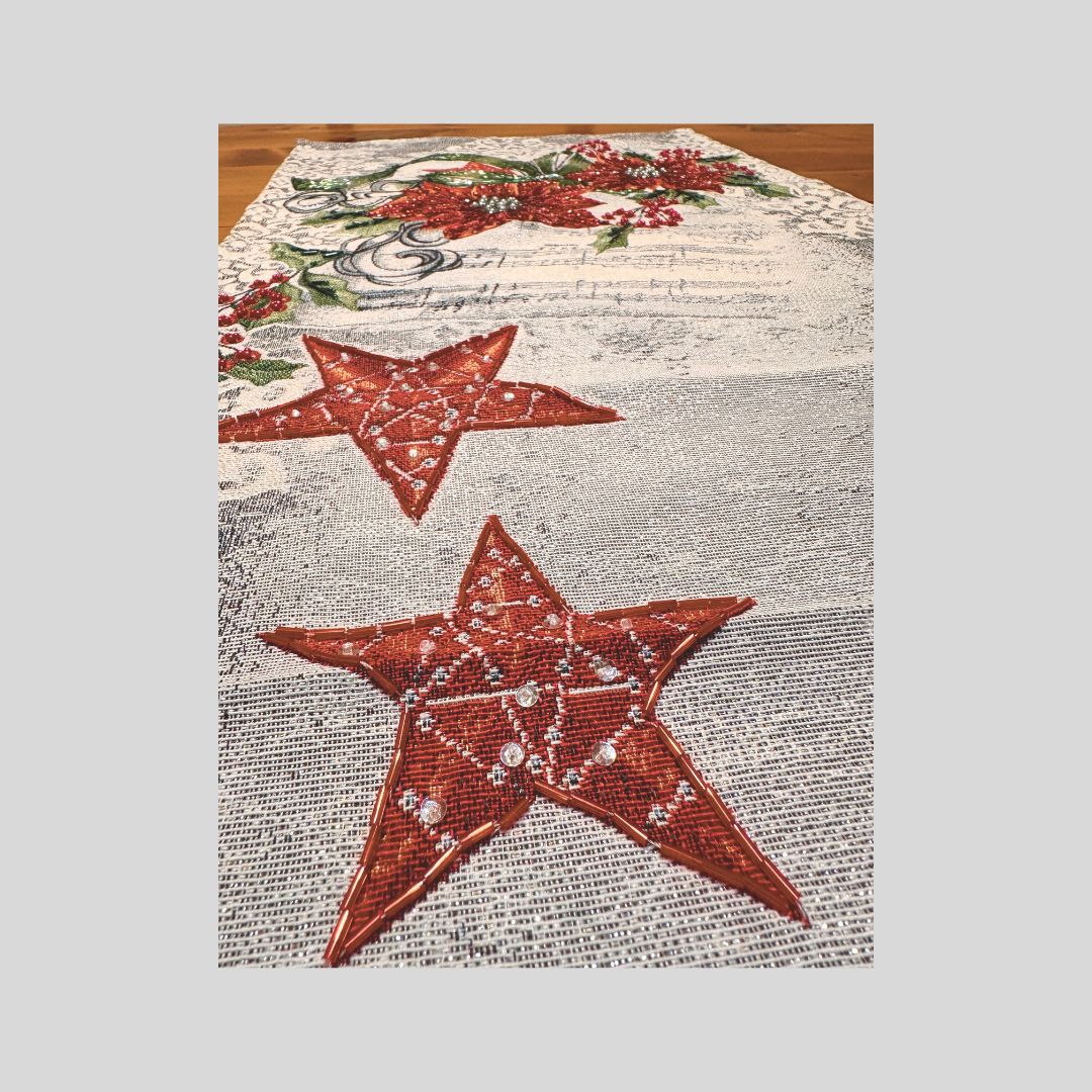 Hand-Beaded Gobelin Table Runner – Winter Snowman & Poinsettia