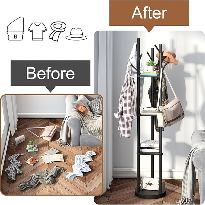 Rotary Solid Wood Coat Rack with 3 Shelves & 9 Hooks β Freestanding 360Β° Rotating Organizer