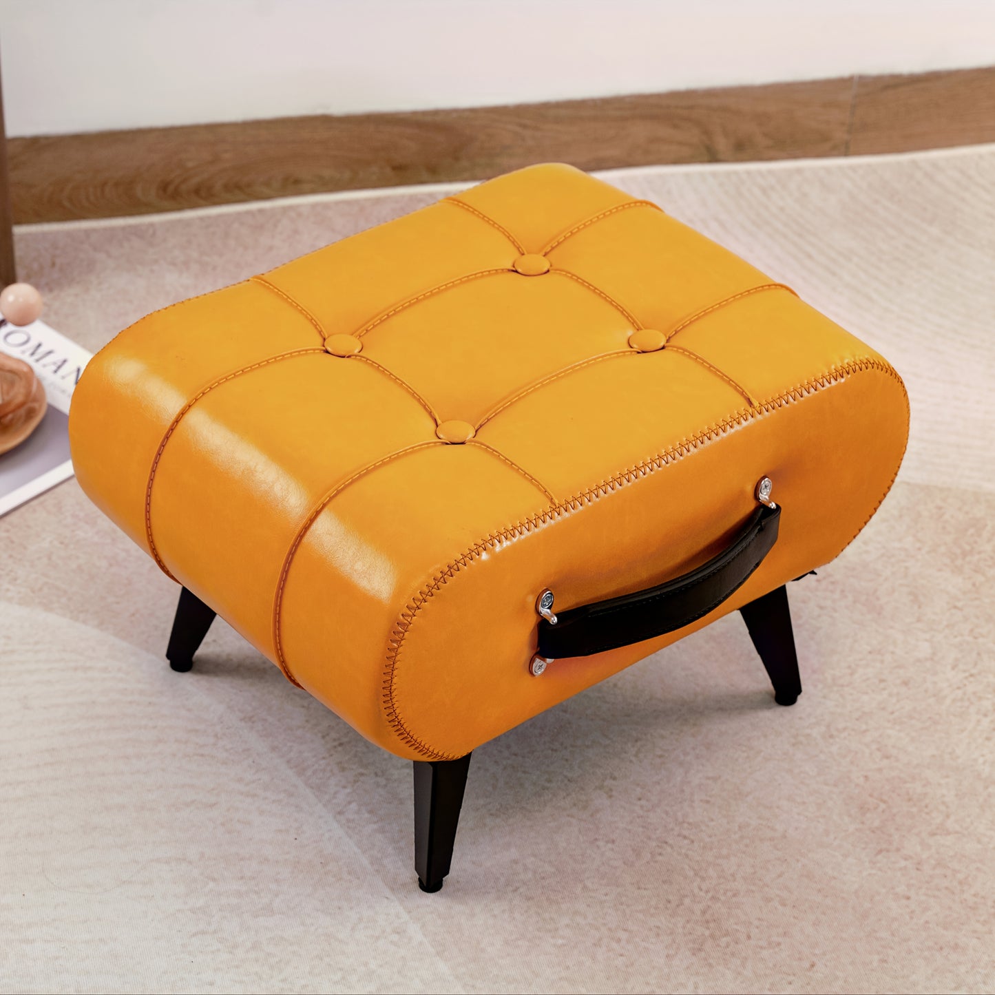 High-Quality Oil Wax Leather Low Stool â Padded Footstool & Accent Bench