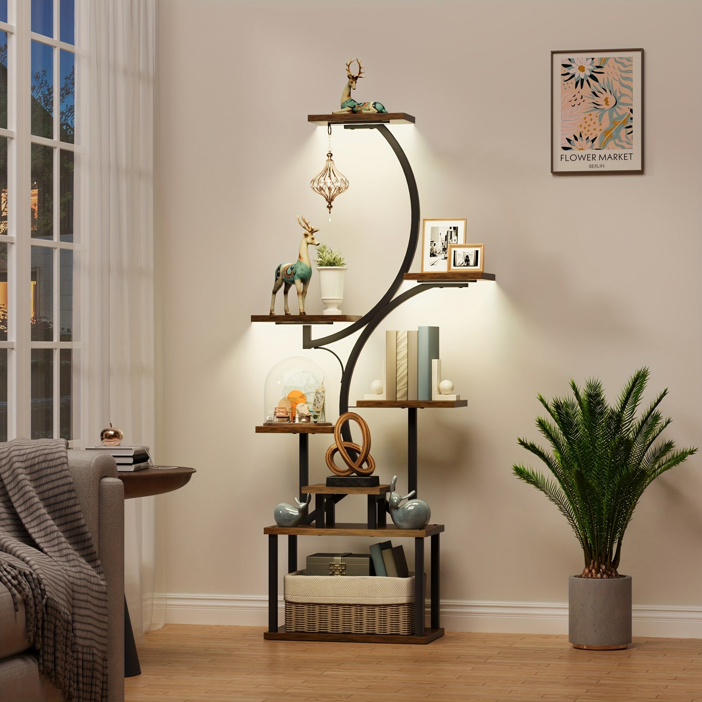 8-Tier Bookshelf with Lights β Metal & Wood Display Unit
