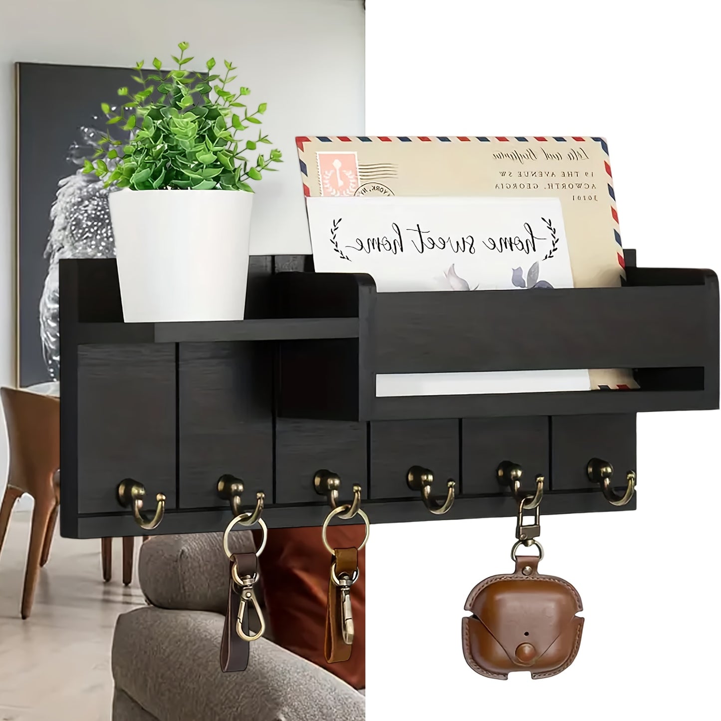 Rustic Wooden Wall-Mounted Storage Shelf with Key Holder & Mail Organizer