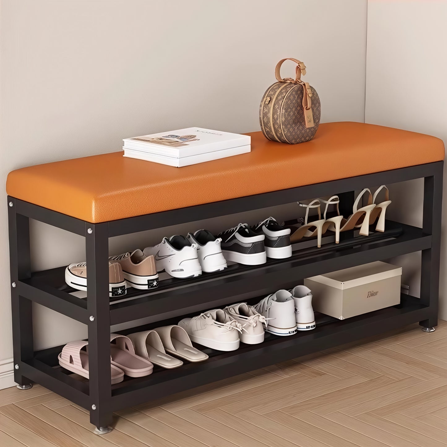 Modern Entrance Shoe Changing Stool with Storage Rack – Metal Frame Organizer with Soft Cushion
