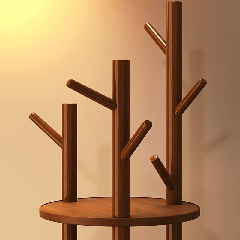 Rotary Solid Wood Coat Rack with 3 Shelves & 9 Hooks β Freestanding 360Β° Rotating Organizer