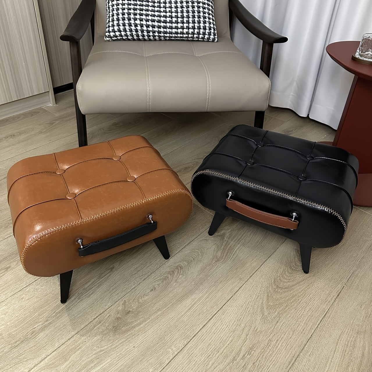 High-Quality Oil Wax Leather Low Stool â Padded Footstool & Accent Bench