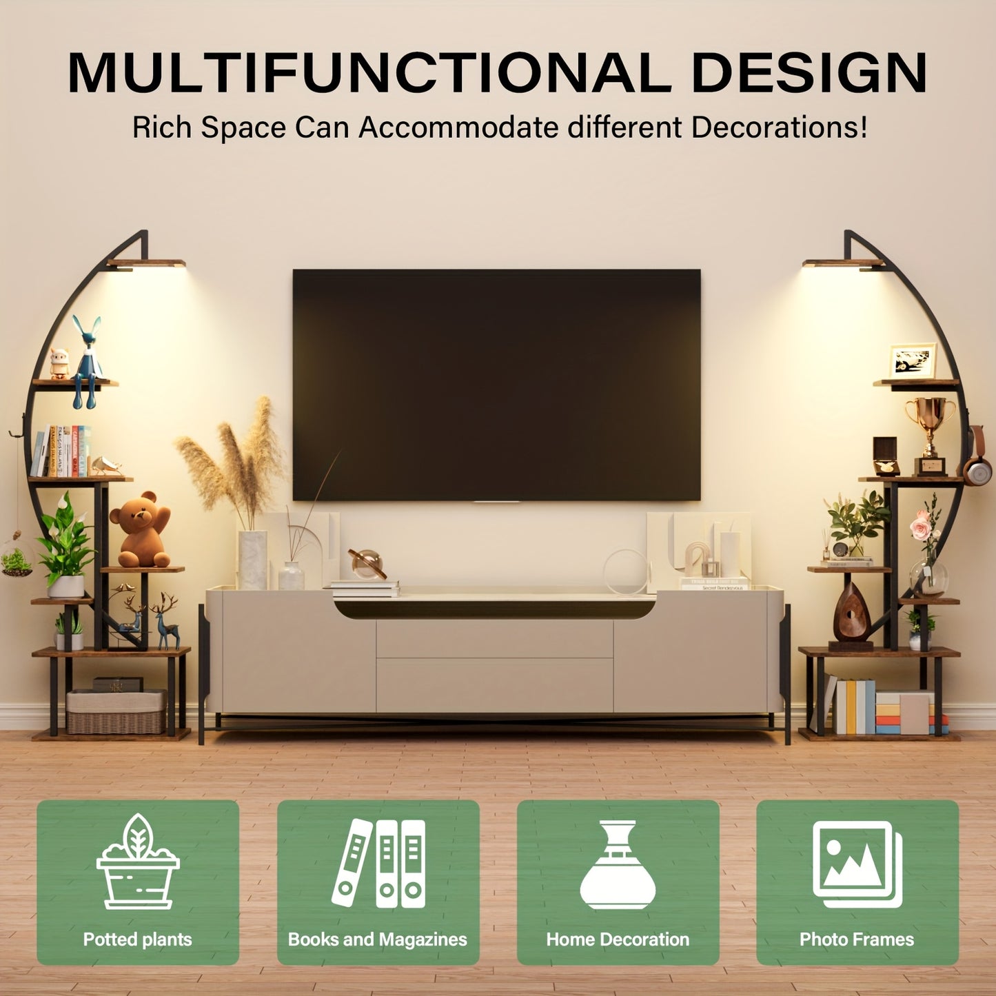 2pcs 7-Tier Bookshelf with Lights – Metal & Wood Display Unit