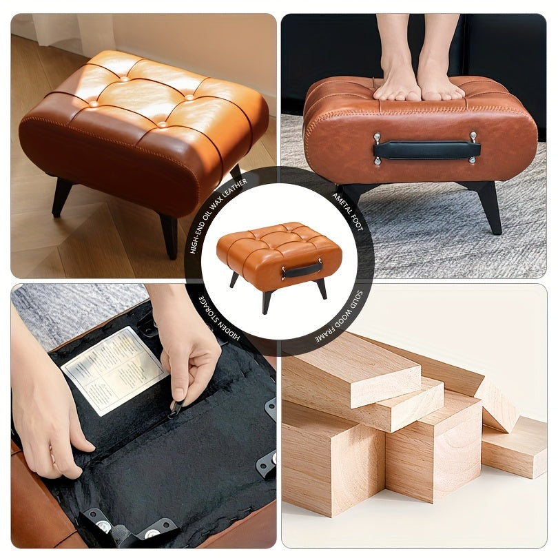 High-Quality Oil Wax Leather Low Stool â Padded Footstool & Accent Bench