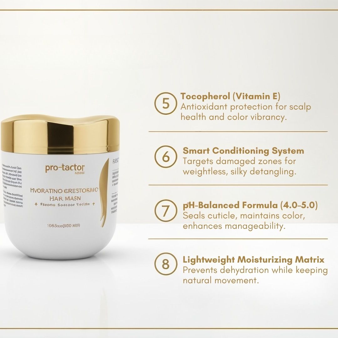 Hair care product with features listed on a white background