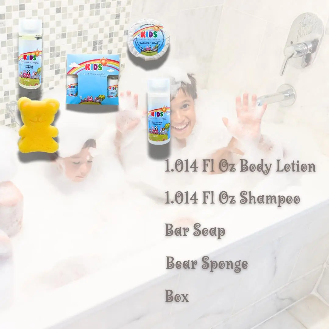 Kids Body Lotion Set Travel Size Toiletries Shampoo, Soap, and Sponge 4 of Set Roomsium