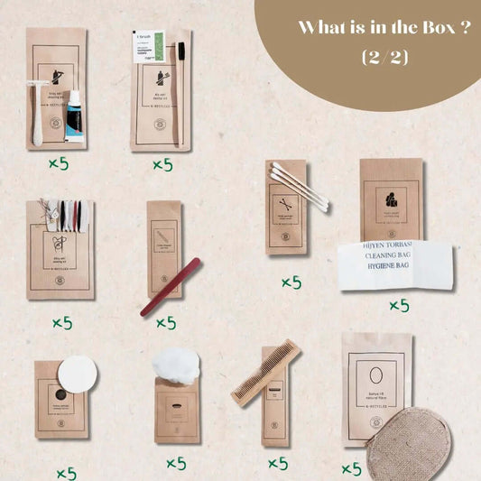 Roomsium N-Recycled Eco-Friendly Personal Care Set | 205 Pieces | 25 Shampoo & Conditioner Sets + 50 Essentials Packs | Recyclable, Sustainable for SPAs, Travelers & Wellness Centers Roomsium