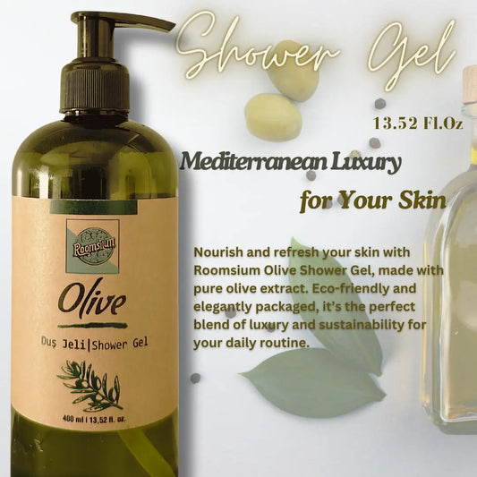 Roomsium Olive Shampoo & Shower Gel Set – 13.52 fl oz | High-Quality, Eco-Friendly, Refillable Dispensers with Wall-Mounting Brackets & 3M Adhesive Strips Roomsium