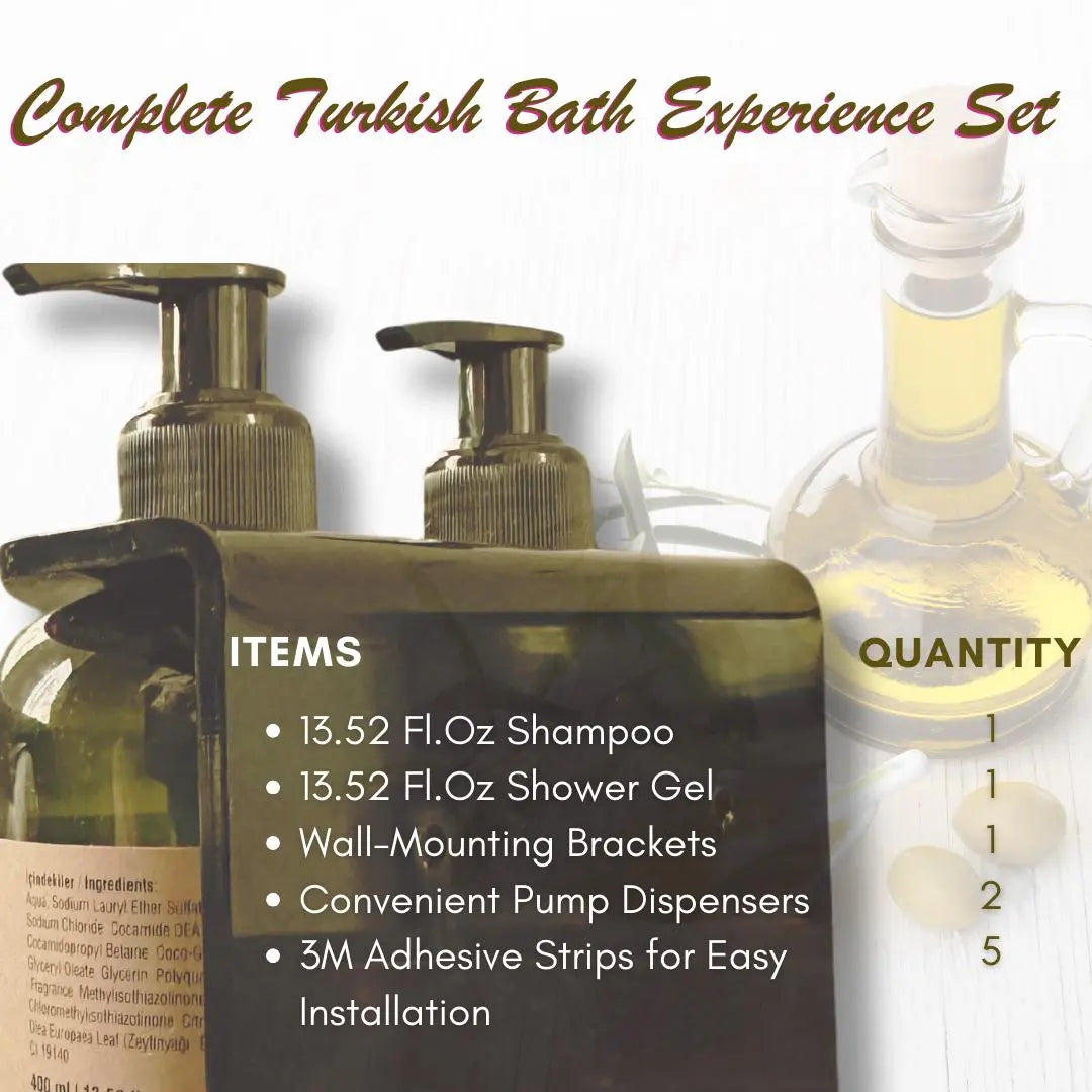 Roomsium Olive Shampoo & Shower Gel Set – 13.52 fl oz | High-Quality, Eco-Friendly, Refillable Dispensers with Wall-Mounting Brackets & 3M Adhesive Strips Roomsium