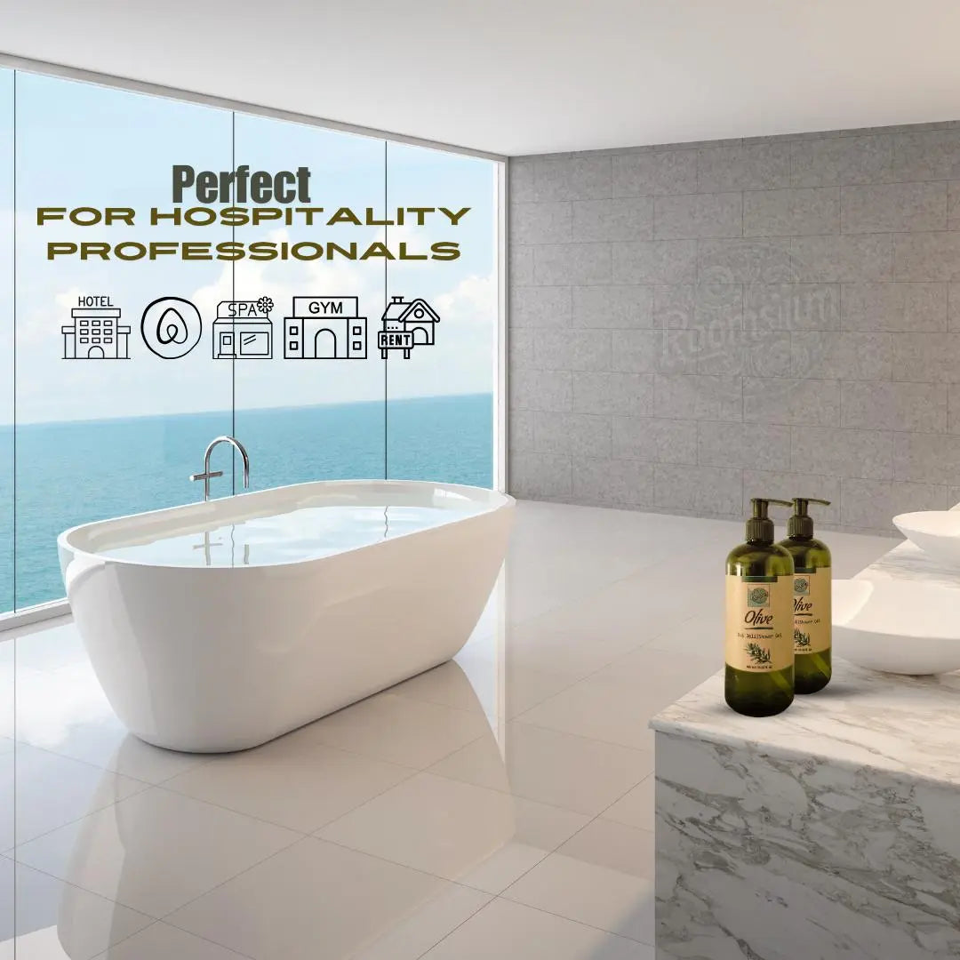 Roomsium Olive Shampoo & Shower Gel Set – 13.52 fl oz | High-Quality, Eco-Friendly, Refillable Dispensers with Wall-Mounting Brackets & 3M Adhesive Strips Roomsium