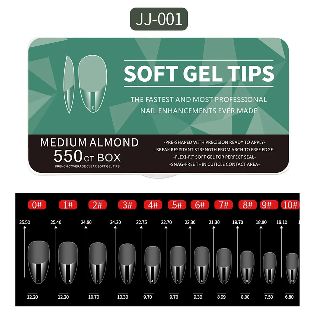 550pcs Soft Gel Full Cover Nail Tips – Almond & Coffin