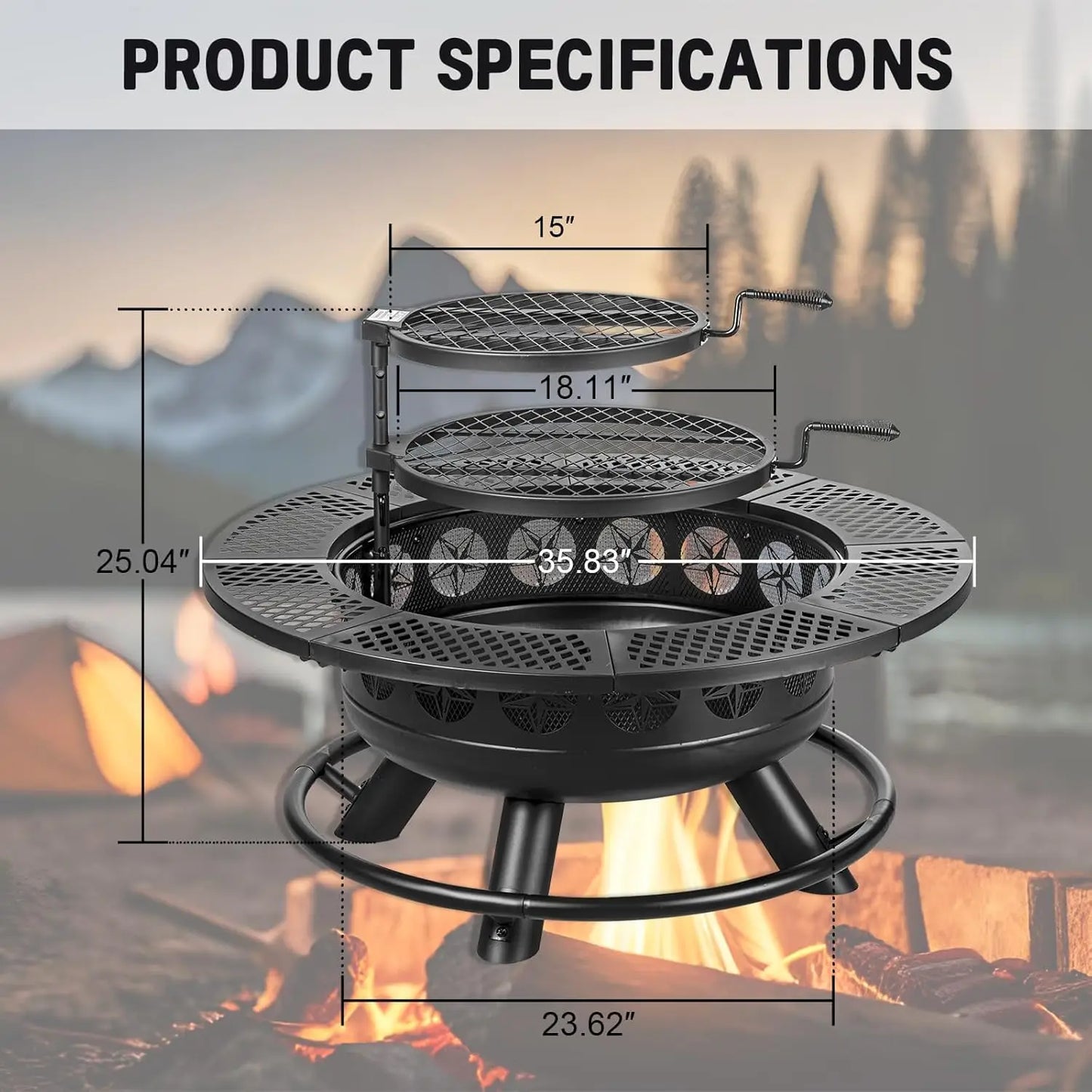 36 Inch Outdoor Fire Pit with 2 Cooking Grills – Wood Burning 3-in-1 Firepit with Lid