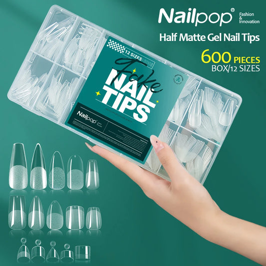 Nail pop half matte gel nail tips packaging with a hand holding some tips on a green background