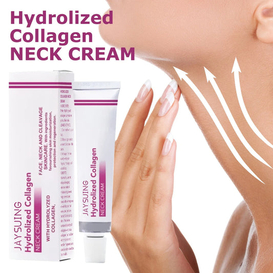 JAYSUING Hydrolized Collagen Neck Cream with packaging and a hand touching neck skin.