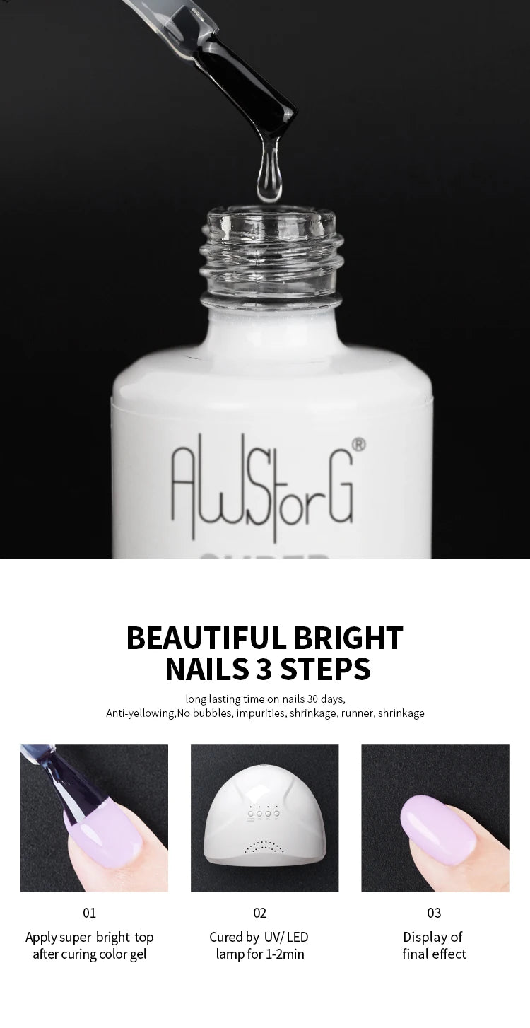 AWSTORG No-Wipe Super Top Coat Gel Polish – 15ml High-Gloss UV/LED Finish