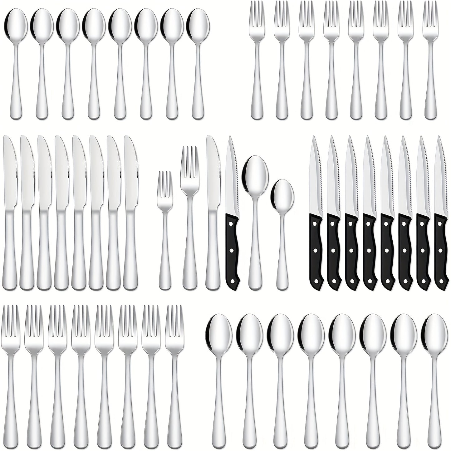 24/48-Piece Stainless Steel Silverware Set with Steak Knives – Mirror-Polished Tableware