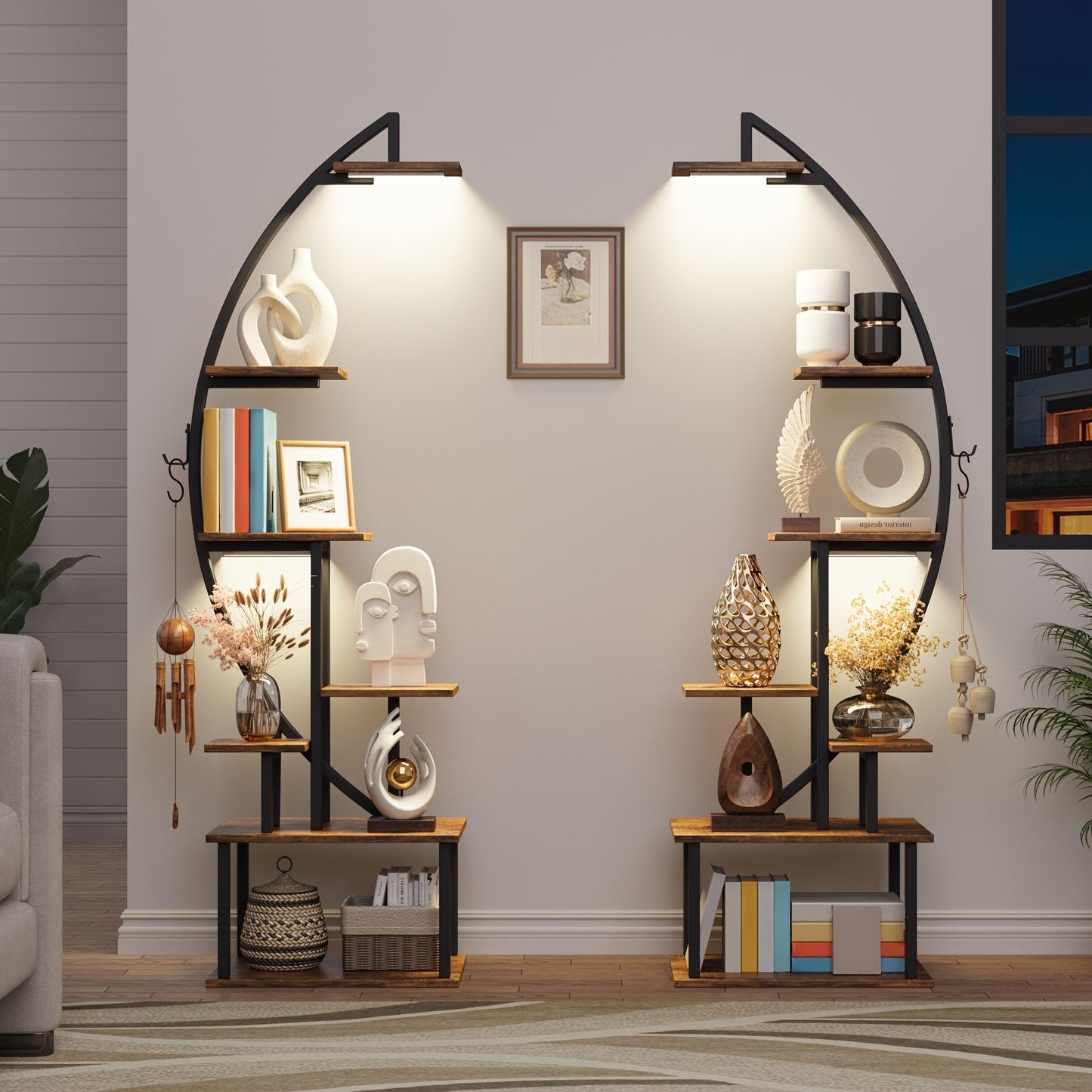 2pcs 7-Tier Bookshelf with Lights – Metal & Wood Display Unit