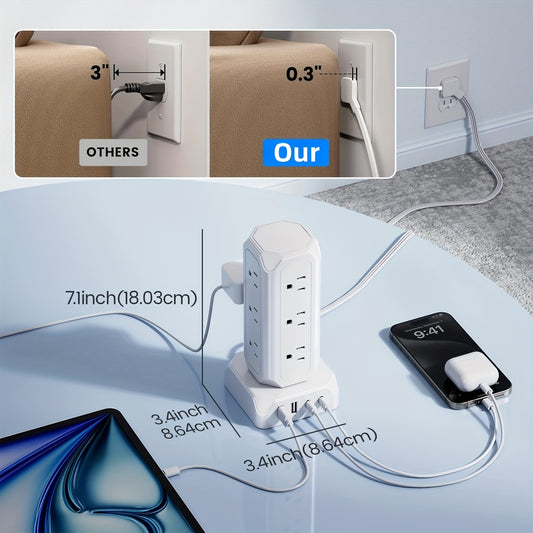 SUPERDANNY 12-Outlet Power Strip Tower with USB & Surge Protection – 35W Fast Charging Station