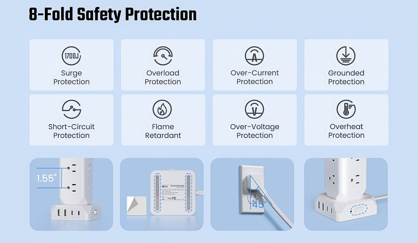 SUPERDANNY 12-Outlet Power Strip Tower with USB & Surge Protection – 35W Fast Charging Station