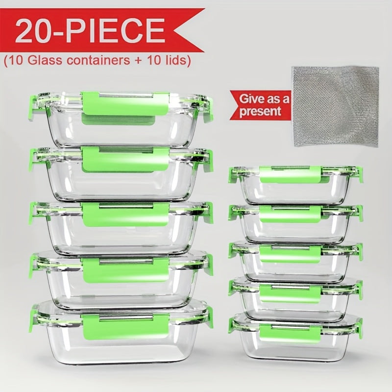 20-Piece Stackable Glass Food Storage Containers – 10 Containers with 10 Lids | Oven, Microwave & Dishwasher Safe