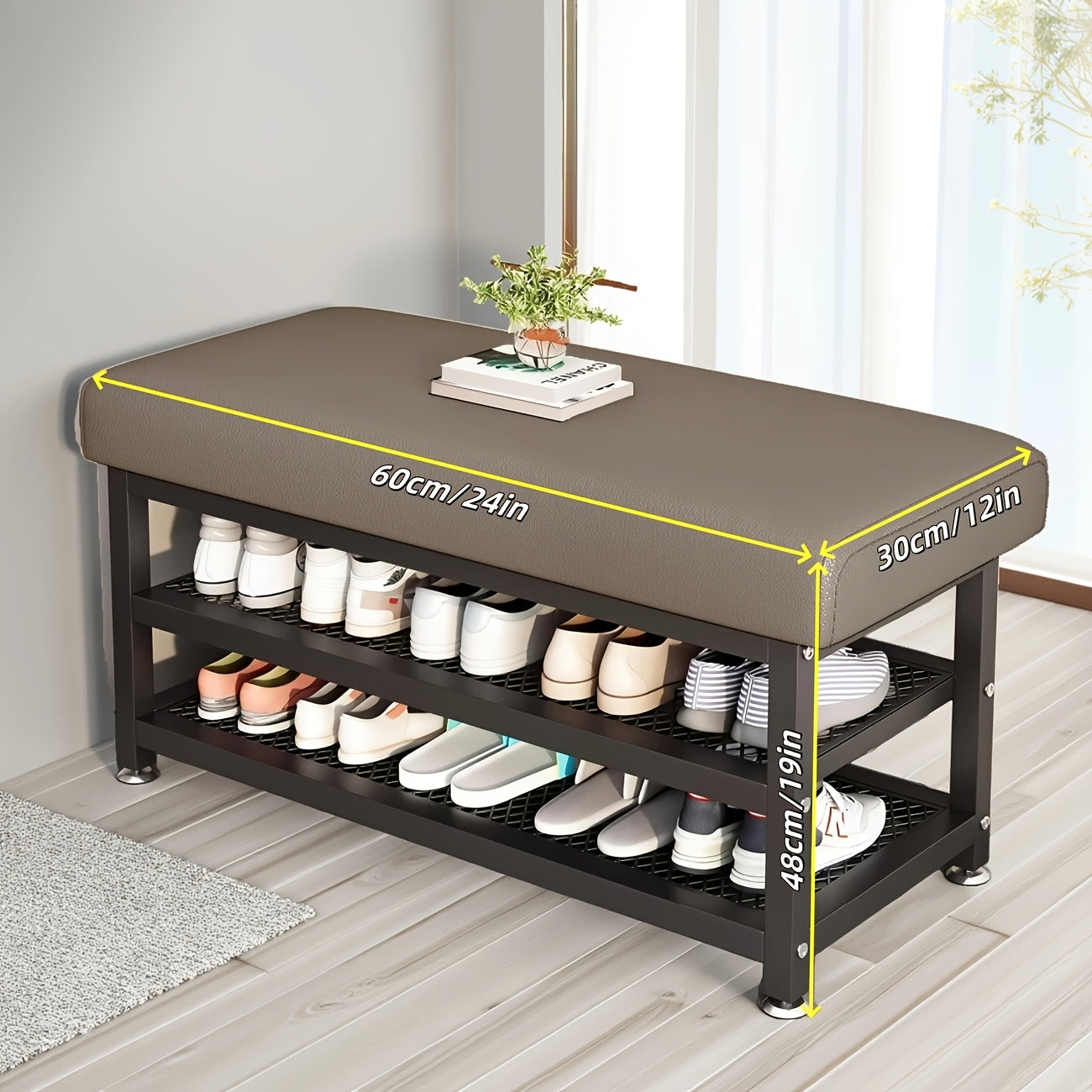 Modern Entrance Shoe Changing Stool with Storage Rack – Metal Frame Organizer with Soft Cushion