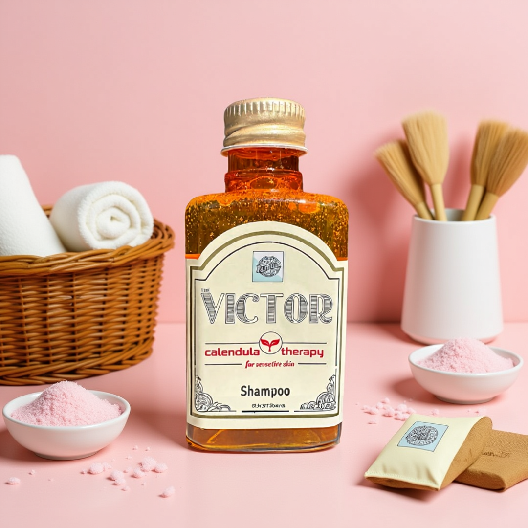 Bottle of Victor Calendula Therapy Shampoo on a pink background with bath items.