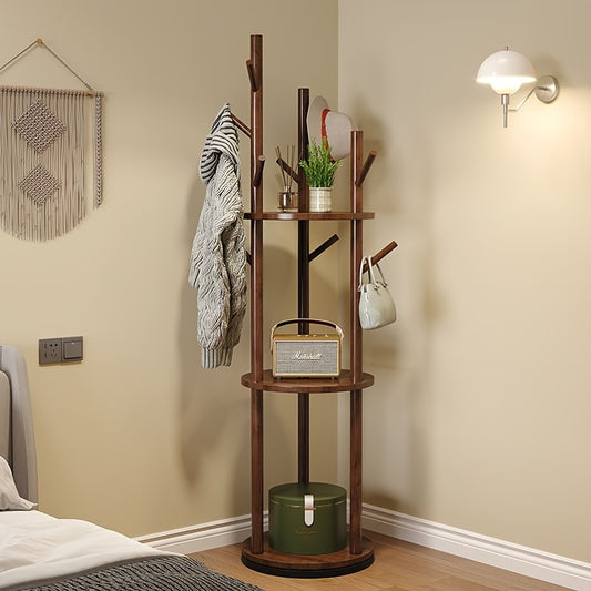 Rotary Solid Wood Coat Rack with 3 Shelves & 9 Hooks – Freestanding 360° Rotating Organizer