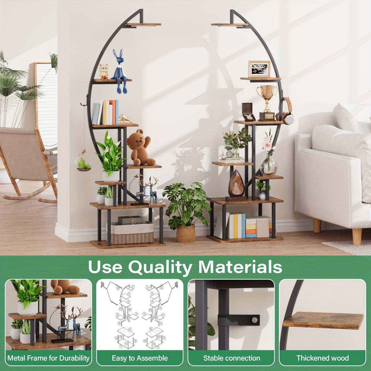 2pcs 7-Tier Bookshelf with Lights – Metal & Wood Display Unit