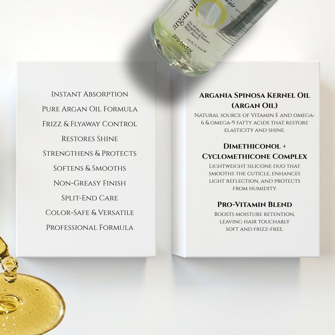 Bottle of argan oil with product details on a white background