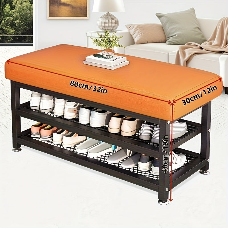 Modern Entrance Shoe Changing Stool with Storage Rack – Metal Frame Organizer with Soft Cushion