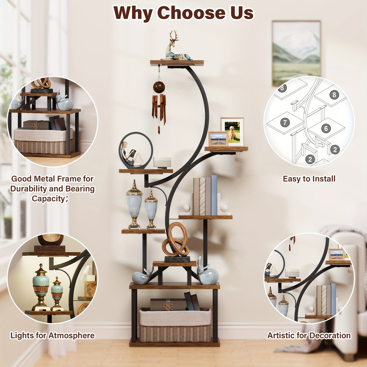 8-Tier Bookshelf with Lights β Metal & Wood Display Unit