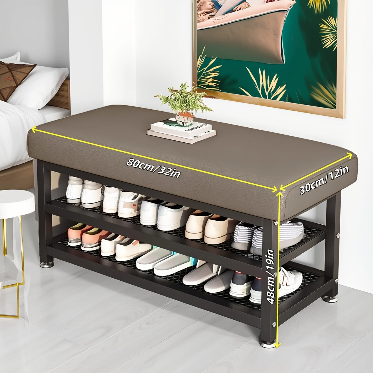 Modern Entrance Shoe Changing Stool with Storage Rack – Metal Frame Organizer with Soft Cushion