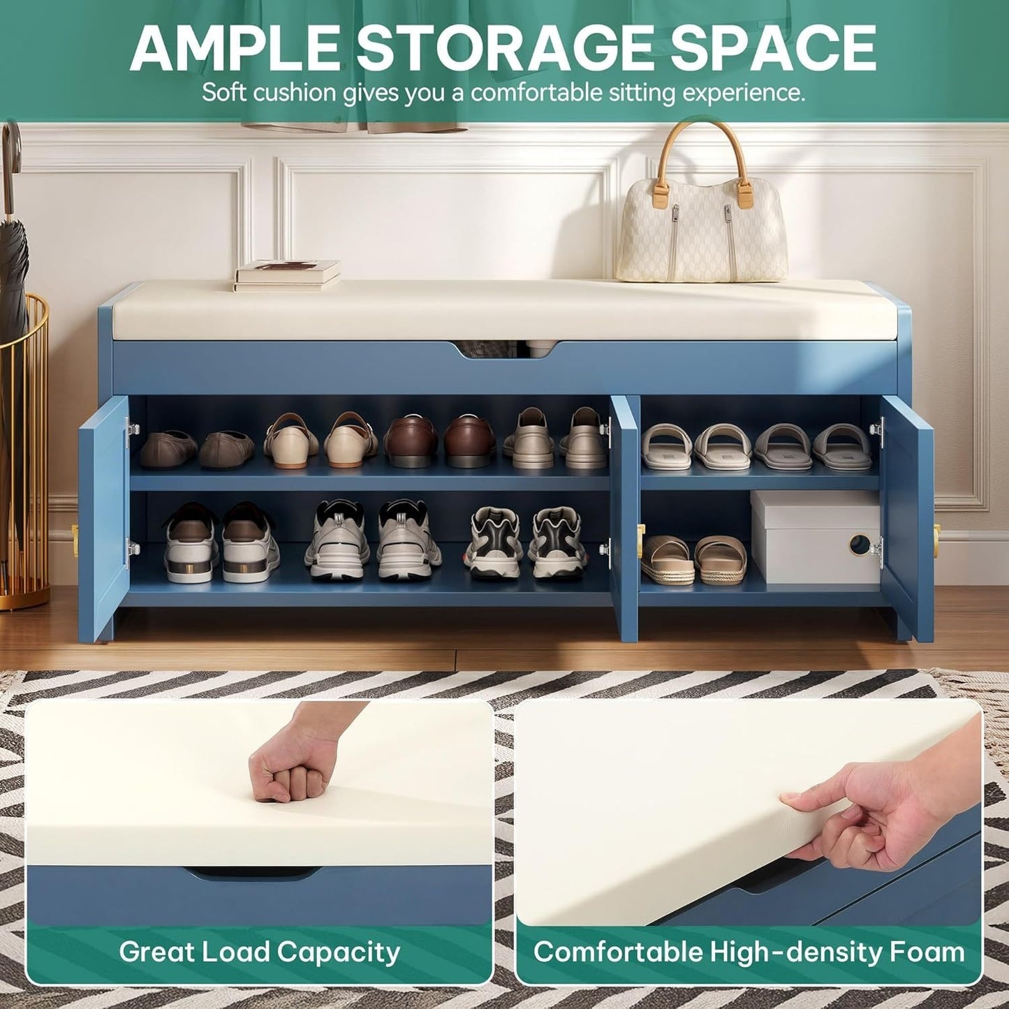 2-Tier Farmhouse Shoe Cabinet Bench with Lift-Top Storage & Barn Doors – Cushioned Seat