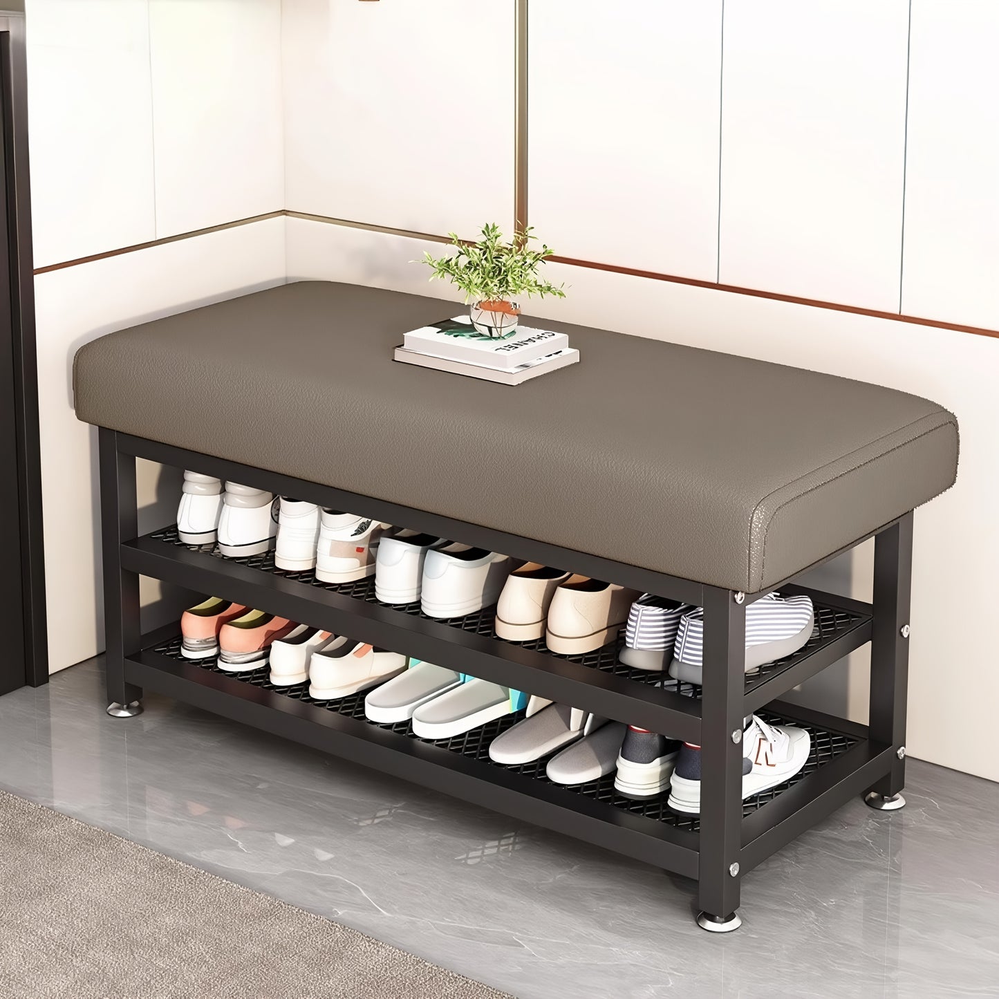 Modern Entrance Shoe Changing Stool with Storage Rack – Metal Frame Organizer with Soft Cushion