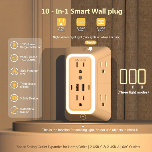 10-in-1 USB Wall Charger Surge Protector with Night Light
