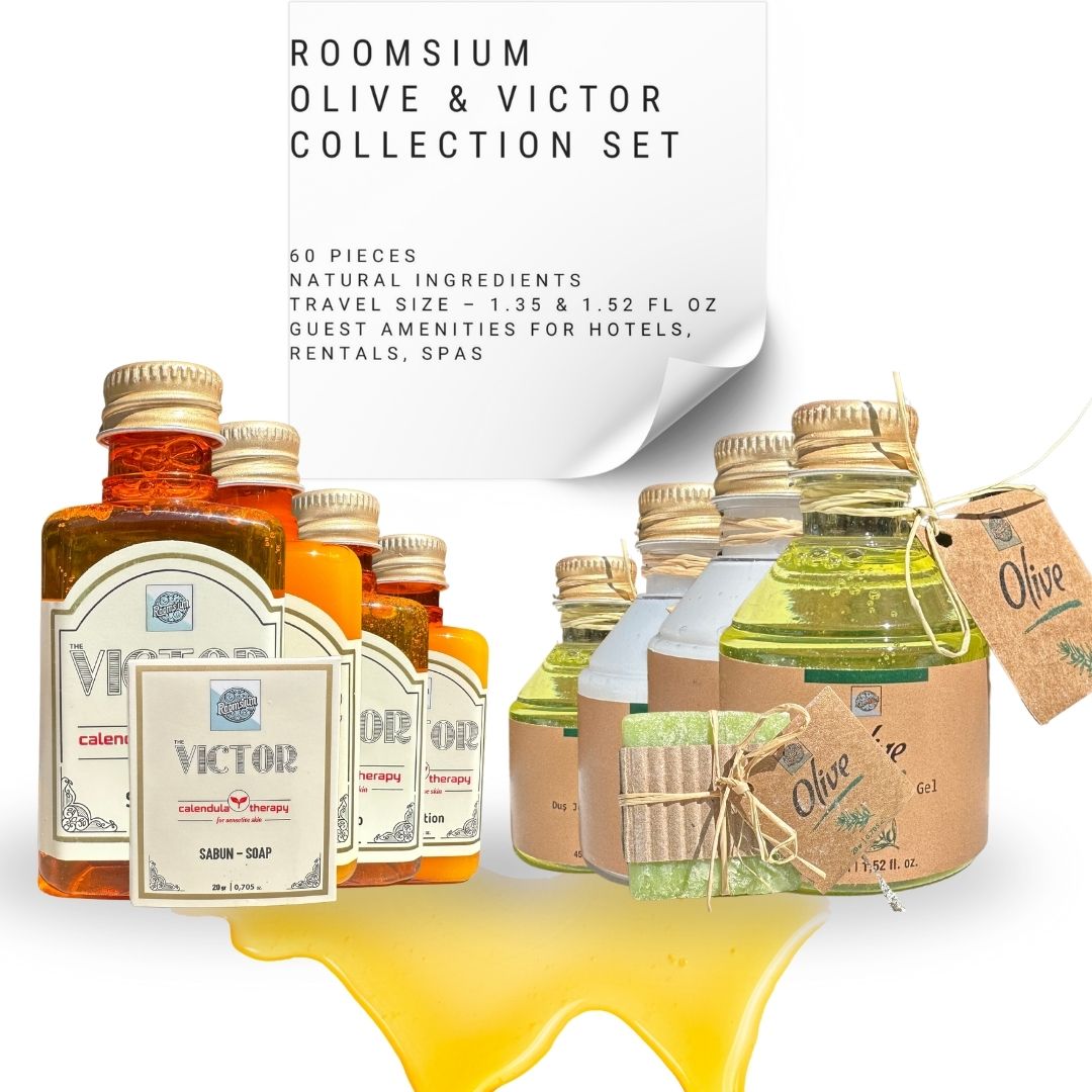 Roomsium 60-Piece Luxury Toiletries Set – Mixed Victor & Olive Guest Amenities | Travel-Size Shampoo, Conditioner, Shower Gel, Lotion & Soap | No Box | Made in Turkey