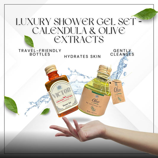 Two bottles of shower gel with labels 'Victor' and 'Olive', surrounded by leaves and water droplets, on a white background.
