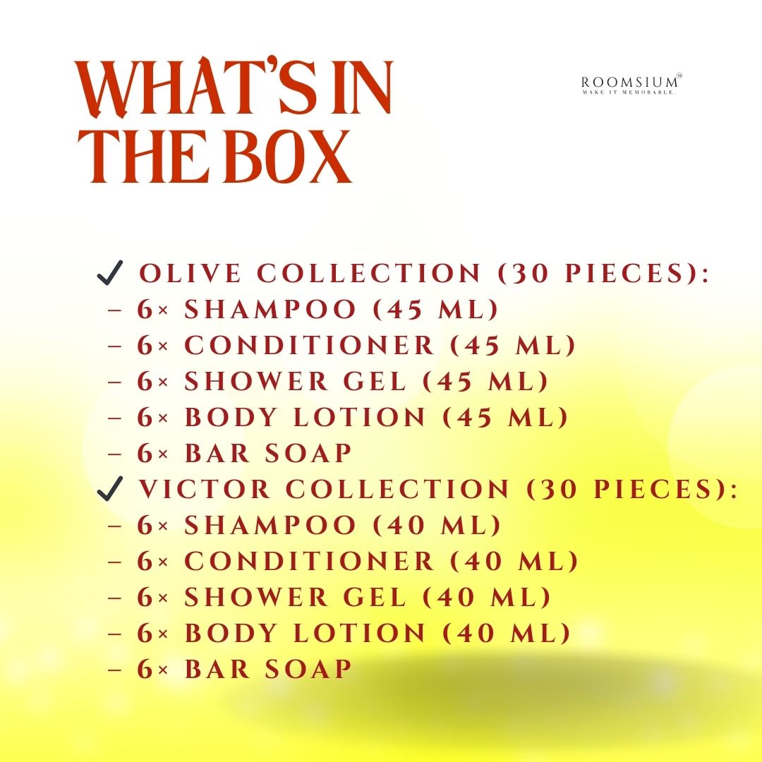 Roomsium 60-Piece Luxury Toiletries Set – Mixed Victor & Olive Guest Amenities | Travel-Size Shampoo, Conditioner, Shower Gel, Lotion & Soap | No Box | Made in Turkey