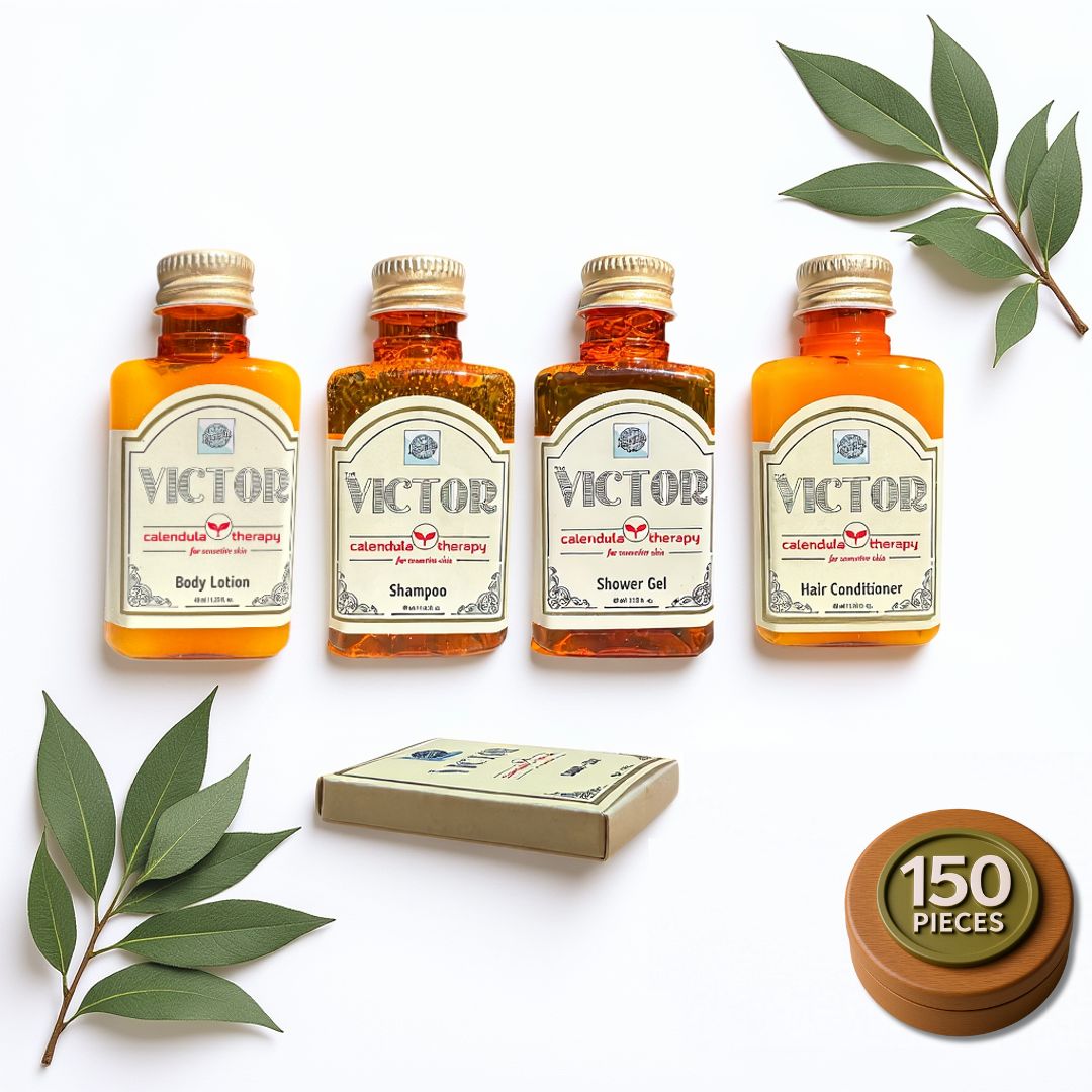 Set of Victor skincare and hair care products with leaves on a white background