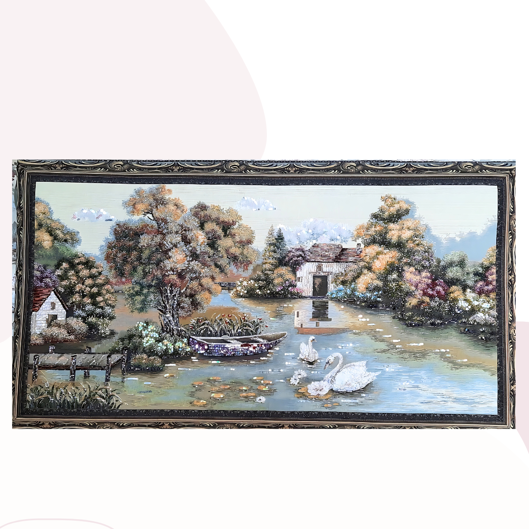 Handcrafted Beaded Swan Lake Canvas Art – 65 x 118 cm
