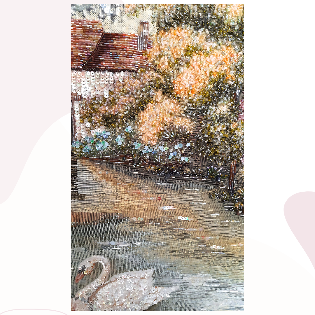 Handcrafted Beaded Swan Lake Canvas Art – 65 x 118 cm