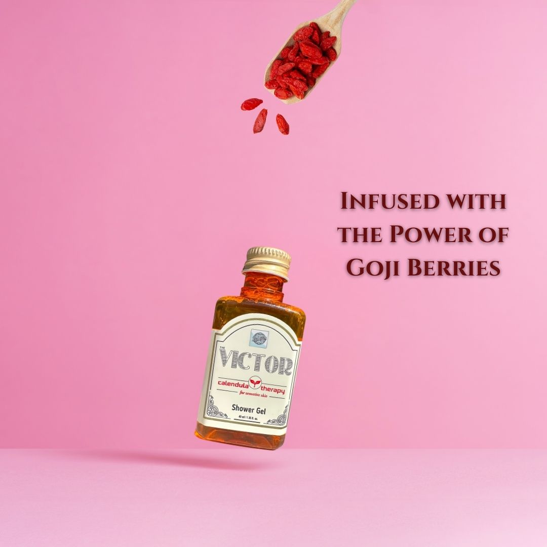 Roomsium Victor Collection Shower Gel infused with goji berries, floating on pink background