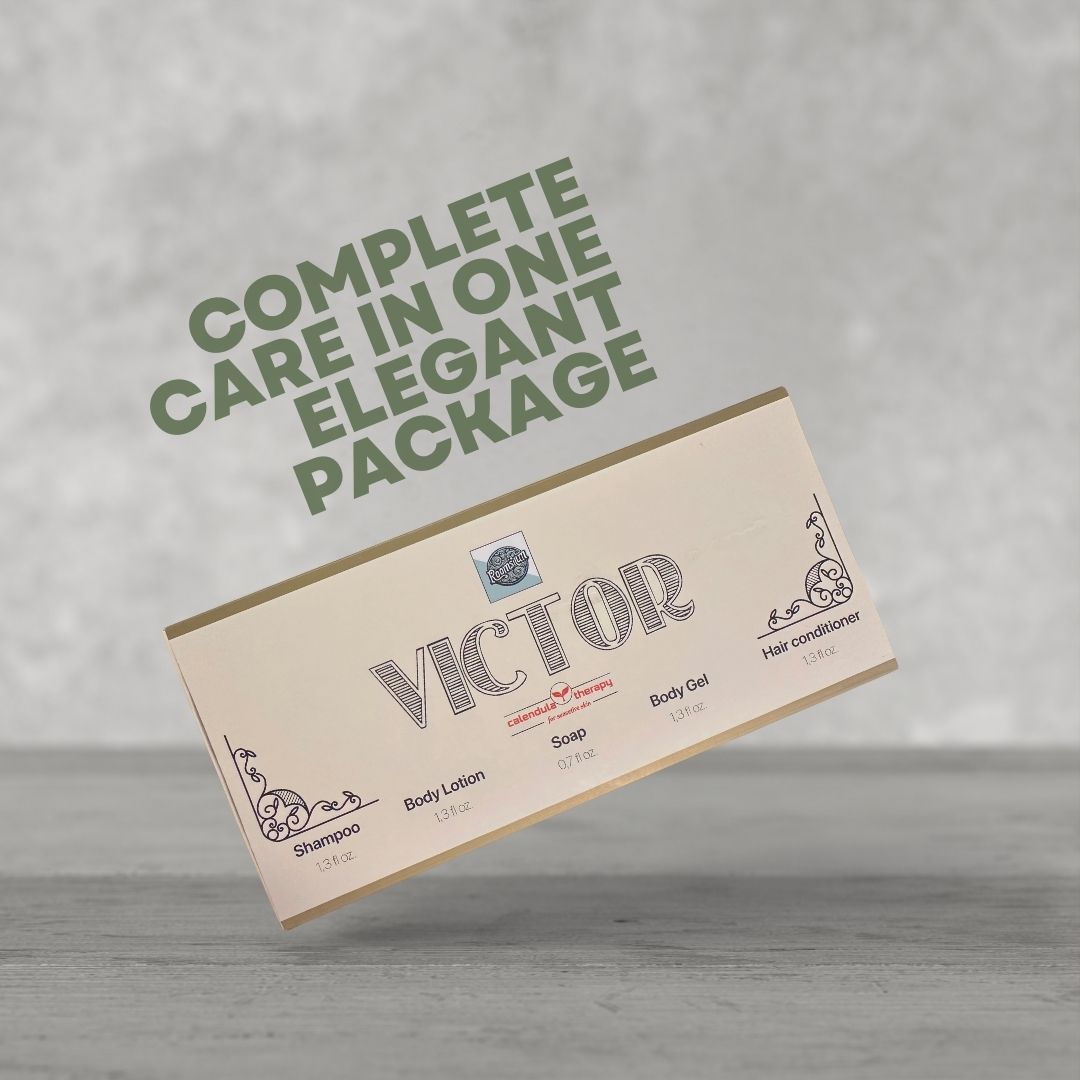 Complete Roomsium Victor guest toiletries set box with contents displayed on elegant backdrop