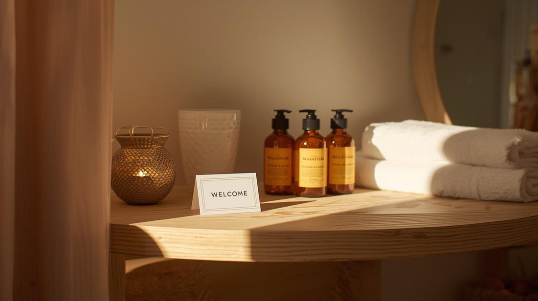A cozy minimalist Airbnb interior bathed in soft morning light. A small welcome card and amber toiletries on a wooden counter, folded white towels nearby. Calm, warm, boutique aesthetic representing thoughtful hospitality.