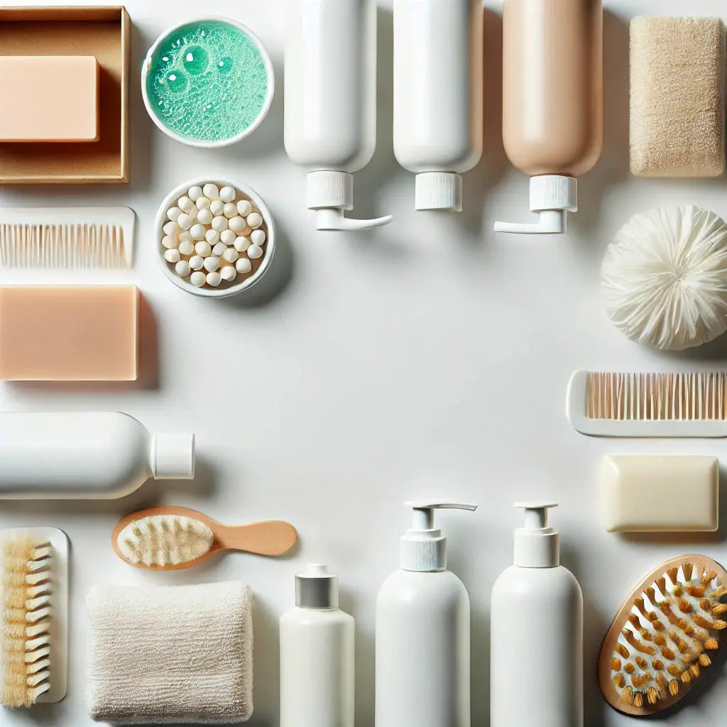 Flat lay of essential toiletries including soap, shampoo, conditioner, shower gel, and body lotion on a white background.