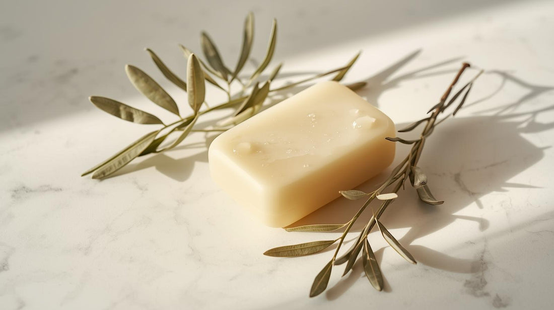 A minimalist still life of a handmade natural soap bar resting on a white marble surface with olive branches and soft diffused daylight. 
