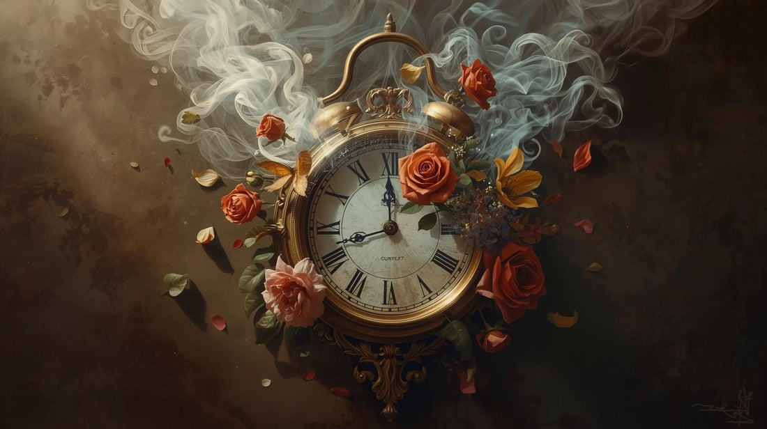 A vintage clock dissolving into smoke with flowers rising from it, symbolizing how scent outlasts visual memory