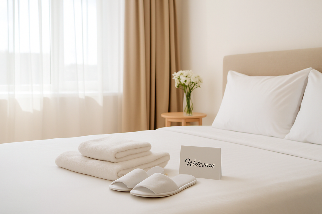 Bright cozy hotel guest room with natural sunlight, featuring white linens, welcome card, folded towels, and slippers, creating a welcoming hospitality atmosphere.